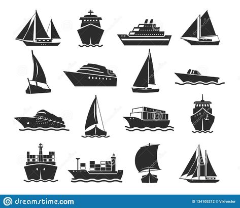 Illustration about Ship and marine boat black silhouette set. Small and large seagoing vessels. Vector line art illustration on white background. Illustration of pictogram, logistic, export - 134105212