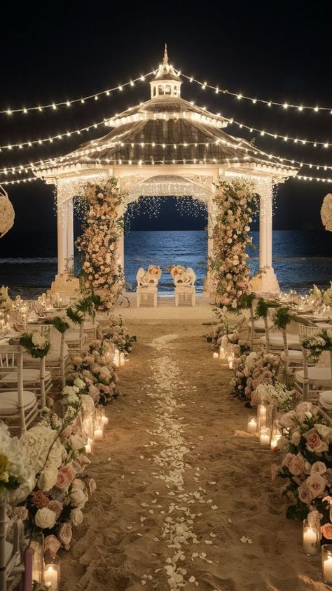 15 Beach Wedding Ideas Perfect for Your Big Day | Beach Wedding Inspo Beach Wedding Night Time, Fairytale Beach Wedding, Simple Wedding Venue Ideas, Dream Wedding Beach, Beach Proposal Setup, Beach Inspired Wedding, Ocean Wedding Theme, Small Beach Weddings, Wedding Setup