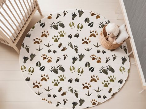 Animal Tracks Rug, Woodland Nursery Decor, Forest Round Rug, Kids Play Room, Area Rug for Boys Room, Into the Wood Nursery, Rustic Rug Fof - Etsy Small Woodland Nursery, Raccoon Themed Nursery, Minimalist Woodland Nursery, Unisex Woodland Nursery, Green Mountain Nursery, Woods Themed Nursery, Adventure Nursery Theme, Woodsy Nursery, Fawn Nursery