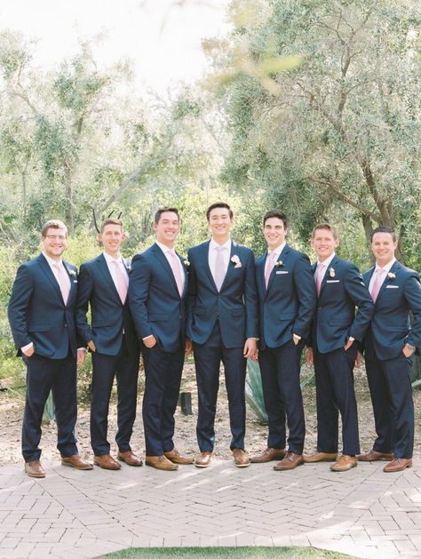 Navy Suit Peach Tie, Navy Suit Brown Shoes Wedding, Navy And Pink Groomsmen, Navy Groomsman, Navy Suit Brown Shoes, Groomsman Photos, Blush Groomsmen, Navy Groomsmen Suits, Groomsmen Inspiration