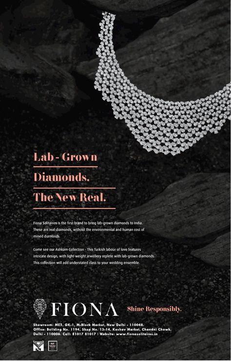 fiona-lab-grown-diamonds-the-new-real-ad-delhi-times-27-07-2018 Jewelry Billboard Design, Diamond Creative Ads, Jewellery Typography Ads, Diamond Jewellery Creative Ads, Jwellary Advertisment Poster, Luxury Lab-grown Diamond Pendant Jewelry, Newspaper Advertisement, Store Ads, Light Weight Jewelry