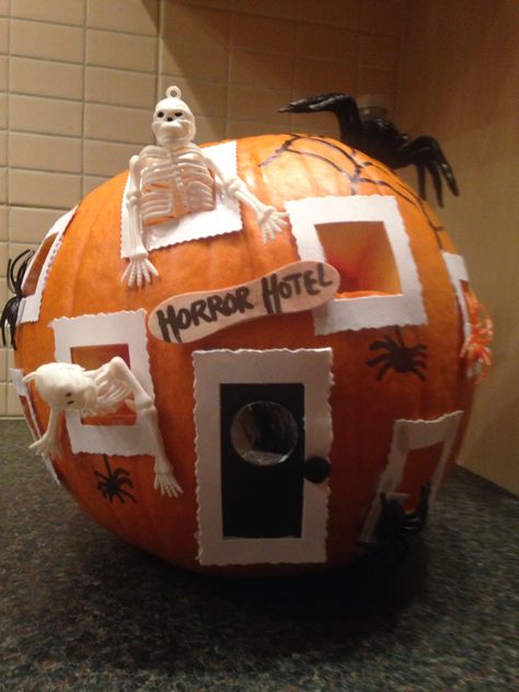 Halloween 2015 Horror Hotel Pumpkin Hotel Pumpkin Carving Ideas, Pumpkin Contest Ideas, Horror Hotel, Halloween Carving, Halloween Treat Holders, Pumpkin Paintings, Creative Pumpkin Painting, Contest Ideas, Scary Pumpkin Carving