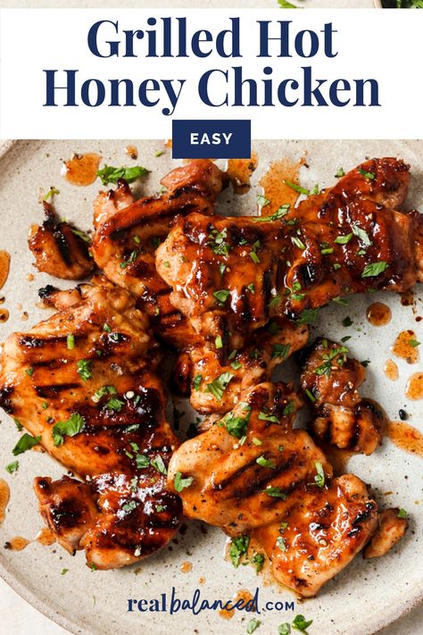 This Grilled Hot Honey Chicken is the best combination of sweet and spicy — perfect for a quick weeknight dinner or a weekend cookout. It can be marinated, grilled, and ready to serve in just 40 minutes. This one is really easy to make. You'll start by making your homemade hot honey sauce, marinate the chicken in half of this sauce for 15-30 minutes, then grill the chicken until it's cooked through, brushing it with some extra remaining sauce in the last few minutes. Skillet Hot Honey Chicken With Hearty Greens, Easy And Healthy Weeknight Dinners, Grilled Healthy Meals, Recipes With Hot Honey Sauce, Chicken Recipes For The Grill, Honey Garlic Chicken Grilled, Hot Honey Glazed Chicken, Hot Honey Marinade, Grilled Chicken With Sauce