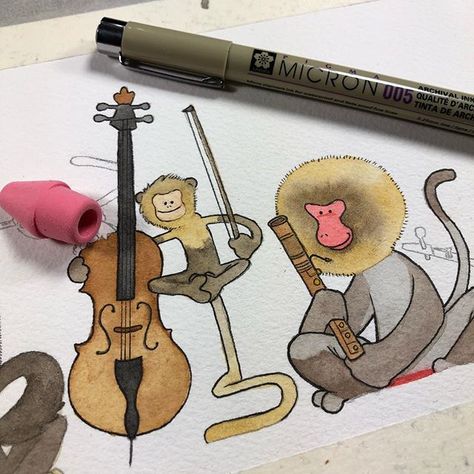 Animals With Instruments Drawing, Capuchin Monkey Illustration, Monkey Doodle, Monkey Illustration, Capuchin Monkey, Color Pencil Illustration, Bullet Journal Art, Art Drawings Sketches Creative, Pencil Art Drawings