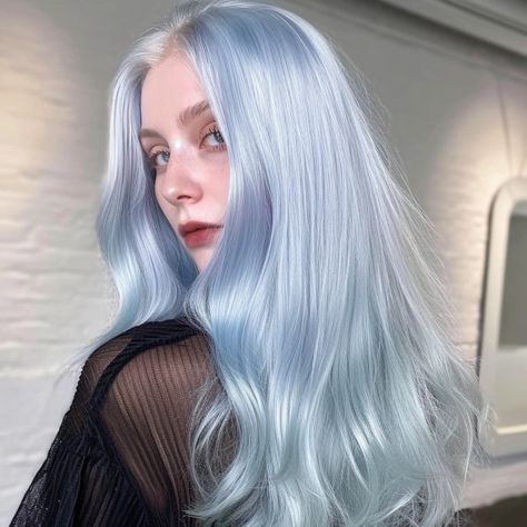 Blue Hair On Pale Skin, Pale Blue Hair Color, Ice Blue Hair Short, Silver Blue Hair Color, Blue Ash Hair Color, Ice Blue Hair Color, Icy Silver Blue Hair, Blue Hair Pale Skin, Blonde Hair Ideas For Pale Skin