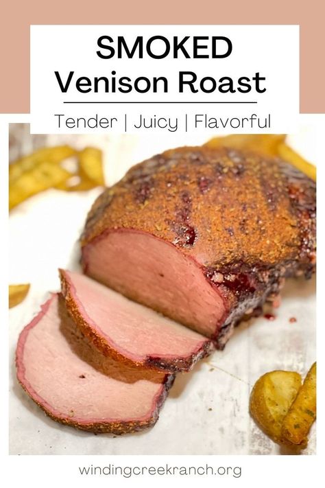 Smoked venison roast with a few pieces sliced off the front, fully cooked with a crusty exterior coating. Smoked Venison Roast Recipe, Roast On Pellet Grill, Smoked Venison Roast, Smoked Venison, Backstrap Recipes, How To Cook Venison, Venison Roast, Deer Recipes, Deer Meat Recipes