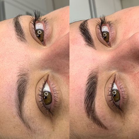 Brow lamination natural Lamination Brows Before And After, Natural Brow Lamination And Tint, Lamination Eyebrows, Natural Brow Lamination, Eyebrows Lamination, Brow Lamination And Tint, Laminated Eyebrows, Eyebrow Ideas, Eyebrows Goals