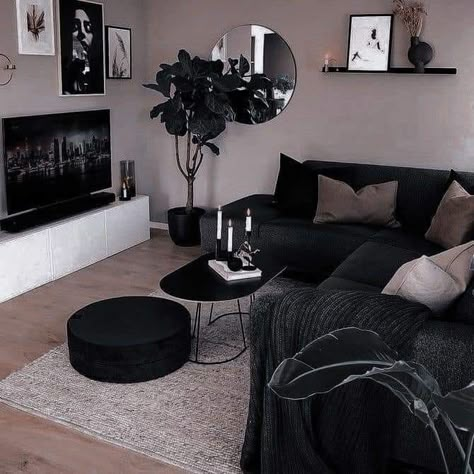 Lounge Room Aesthetic Dark, Dark Modern Lounge Room, Black And Beige Living Room Apartment, Modern Black And Neutral Living Room, Grey Black And Dark Brown Living Room, Burgandy Black Living Room, Black And Cream Living Room Apartment, Living Room Design Dark Couch, White Coffee Table With Black Couch