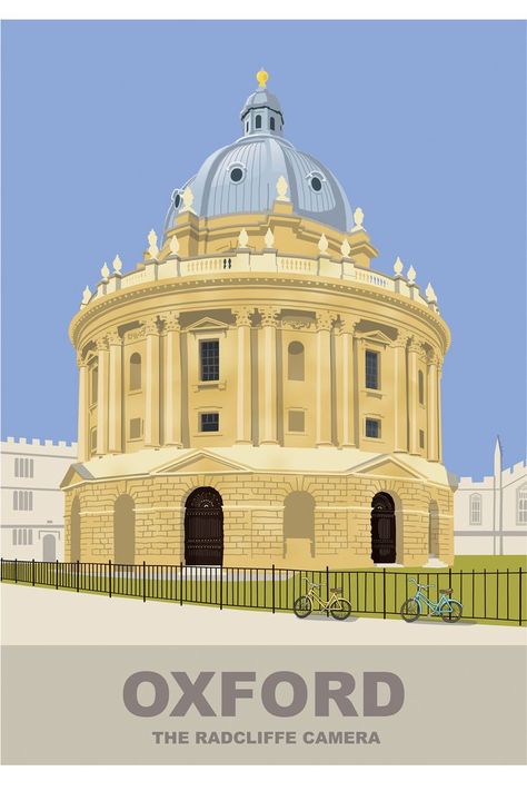 Illustrated poster of Oxford, England showing one of the famous buildings in the city - the Radcliffe Camera - a library built in the 1700s. #oxford #travelposter #radcliffecamera #england Oxford Illustration, Oxford Poster, England Illustration, Radcliffe Camera, Holiday Posters, Dream University, Uk Map, Oxford Travel, Map Of Britain