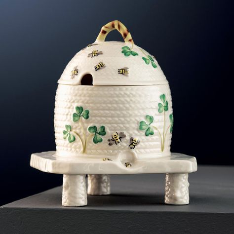 Belleek Honey Pot Golden Eagle Wings, Painted Bees, Irish Pottery, Belleek China, Belleek Pottery, Honey Jars, Irish Fashion, Irish Decor, Gift Catalog