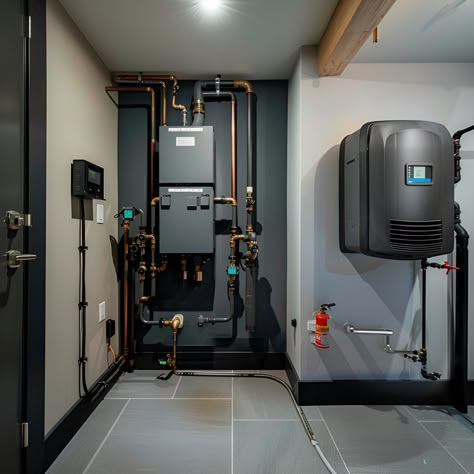 Explore this modern boiler room featuring a high-end central heating system with sleek grey walls and floor tiles. Central to the space are large black oil tanks and a wall-mounted boiler connected by copper pipes. The minimalist design includes a control panel with tiny red levers and an air-mounted network box with a display screen, highlighted by bright overhead lighting for a clean, industrial vibe. Electrical Room Design, Hvac Room, Boiler Cover Ideas, Futuristic Home Design, Guest Powder Room, Industrial Basement, Sauna Shower, Industrial Bedroom Design, Copper Pipes