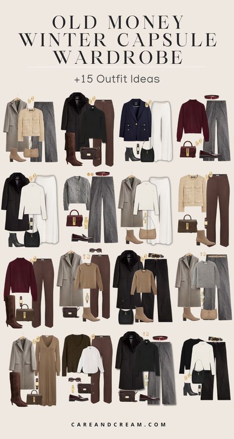 Old money winter capsule wardrobe guide, featuring all the must-have old money winter wardrobe essentials, along with 15 classy winter outfits. Be inspired by old money winter outfits for women to elevate your aesthetic. Get winter outfit inspiration to create your unique style. Winter basics wardrobe, women’s fashion outfits winter. Outfit Essentials Basics, Old Money Outfit For Women, Old Money Winter Women, Old Money Style For Winter, Winter's Outfits For Women, Winter Aesthetic Outfits For Women, Outfit Ideas Old Money Aesthetic, Woman Old Money Style, Capsule Wardrobe Combinations