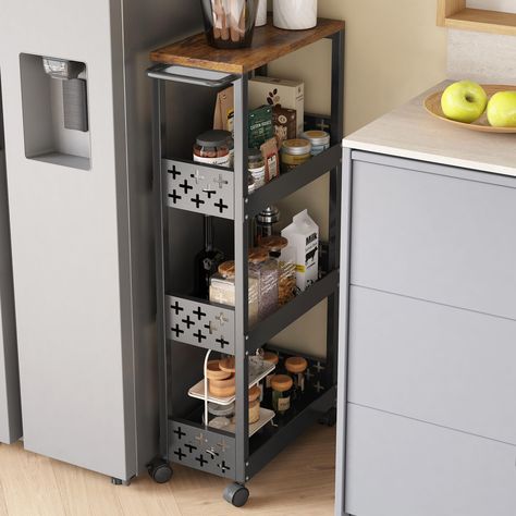 PRICES MAY VARY. SIZE: 18.7 "L*6.7 "W*34.2 "H inches, upgraded slim rolling storage cart is wider than ordinary narrow carts, with more capacity and stability, widely used in kitchen, laundry room, living room, etc., it's an ideal storage solution. STRONG AND DURABLE: Kitchen carts are constructed with sheet metal and wood panels, which is stronger and more durable than mesh structure not easy to tip over for better stability. Smooth powder coating is rust-resistant and durable. WHEELS AND HANDL Small Kitchen Trolley Ideas, Kitchen Narrow, Slide Out Storage, Slim Storage Cart, Rolling Carts, Kitchen Carts, Slim Storage, Mobile Shelving, Kitchen Furniture Storage