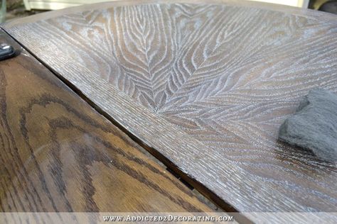 Cerused Oak Dining Table (Table Makeover) - Part 1 - Addicted 2 Decorating® Diy Veneer Table Makeover, Liming Wax On Oak Cabinets Diy, Cerused Oak Kitchen, Refinish Veneer Table Top, Cerused Oak Table, Cerused Oak Cabinets, Cerused Oak Coffee Table, Round Oak Dining Table, Oak Furniture Living Room