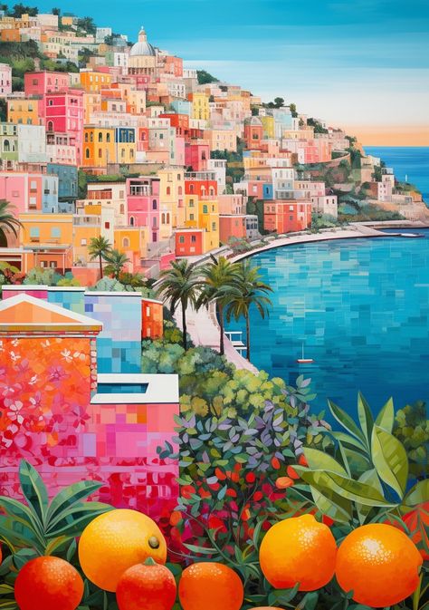 Positano Italy Art Print, Positano Painting Amalfi Coast, Amalfi Coast Drawing, Amalfi Coast Art, Positano Illustration, Angel Wings Hd Wallpaper, Positano Art, Coastline Painting, Amalfi Art