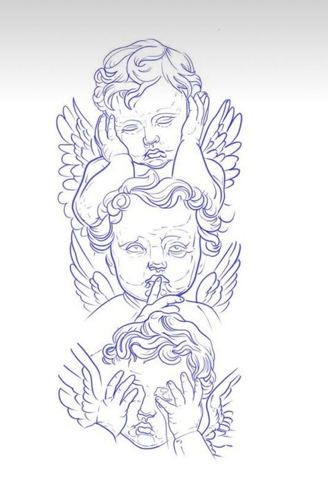 Men Stencil Tattoo, Three Angels Tattoo Design, 3rl Tattoo Design, Cherub Tattoo Designs, Black People Tattoos, Chest Tattoo Stencils, Half Sleeve Tattoo Stencils, Cherub Tattoo, Evil Tattoo