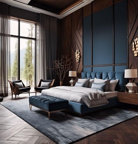 Classic Modern Rustic Bedroom, Wallpaper Trends For 2024, Classic Blue Bedroom, Bedroom Trends 2024, Bed Back Panel, Blue And White Wardrobe, Wall Panel For Bedroom, Master Bedrooms 2024 Trends, Guest Bedroom Ideas Modern