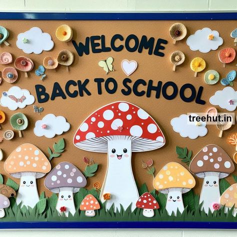 These Fall Mushroom themed bulletin board ideas and activities will create a vibrant start to the school year for elementary students, fostering a love for learning and creativity in the classroom. Mushroom Themed Bulletin Board, Autumn Board Ideas For School, Creative Bulletin Board Borders Ideas, Mushroom Bulletin Board, Fall Bulletin Board Ideas For Preschool, School In Fall, Fall Bulletin Board Ideas, School Classroom Decoration, Boarders For Bulletin Boards