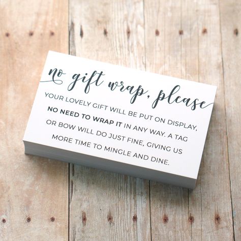 No gift wrap, please card for invite enclosure requesting that gifts be unwrapped.  The cards are the same size as a standard business card and blank on the back.  { QUANTITY } 50 Cards Card Size: 3.5" {W} x 2" {H} inches Printed and ready to ship Blank on the back Card Text:  "YOUR LOVELY GIFT WILL BE PUT ON DISPLAY, NO NEED TO WRAP IT IN ANY WAY. A TAG OR  BOW WILL DO JUST FINE, GIVING US MORE TIME TO MINGLE AND DINE." { SHIPPING } * Item will ship in 1-2 business days. * Delivery time via USPS is 5-7 days. Shipping upgrades available at checkout. { QUESTIONS } Please use the "Message" button or contact me via Etsy Conversations if you have any questions before ordering. The design cannot be changed. **Not currently accepting custom orders & change requests** DecoCards Shop Home Page: ht No Wrapping Baby Shower Gifts, Travel Baby Showers, Shower Cards, Travel Baby, Double Shower, Reading Pa, Card Display, Baby Shower Presents, Baby Shower Diapers