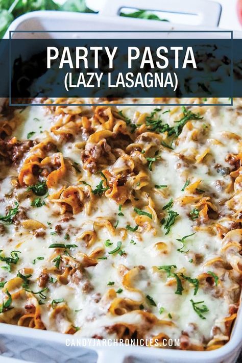 Party Pasta (Lazy Lasagna) is an easy take on the traditional lasagna. Made with egg noodles and a basic sauce layered with cheese and sour cream for a bit of a twist. This main dish full of lasagna flavours will have everyone coming back for seconds. It always does in our house!    #lasagnalover #pastacasserole #eggnoodles via @Candy Jar Chronicles Recipes With Lasagna Noodles, Party Pasta, Pasta Entrees, Egg Noodle Recipes, Lazy Lasagna, Lasagna Casserole, Easy Lasagna Recipe, Traditional Lasagna, Lasagna Noodles