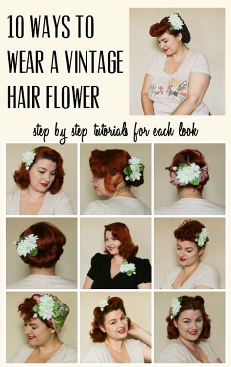 10 ways to wear a vintage hair flower with flowers by Chatter Blossom Cabelo Pin Up, Wedding Hairdos, Mode Rockabilly, Retro Hairstyles Tutorial, Retro Updo, Pinup Hair, Vintage Hairstyles Tutorial, 10 Ways To Wear, 1940s Hairstyles