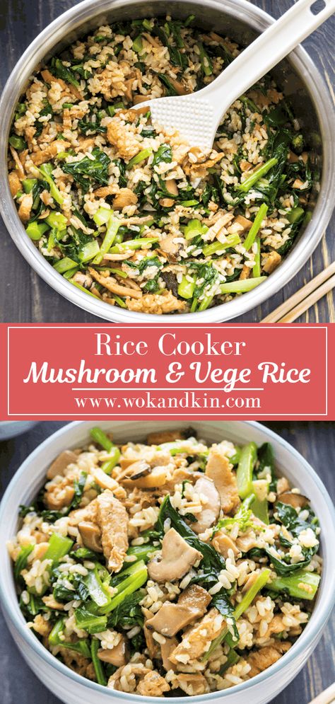 Rice Cooker Rice with Mushrooms and Chinese Broccoli turns everyday ingredients into a one pot dish. Clear out the fridge using your favorite toppings! #ricecookerrice #vegetarianrice #veganrice Mushroom Rice In Rice Cooker, Rice Cooker Potatoes, Rice Cooker Meals Vegetarian, Rice Cooker Vegan Recipes, Vegetarian Rice Cooker Recipes, Chicken Rice Cooker Recipes, Rice Cooker One Pot Meals, Vegan Rice Cooker Recipes, Healthy Rice Cooker Recipes