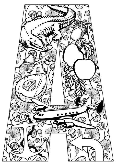 ➳➳➳☮American Hippie Art - Zentangle Coloring Page .. Lettering - Things that start with A Letters Activities, Letter A Coloring Pages, Coloring Letters, Abc Coloring, Alfabet Letters, Free Printable Letters, Alphabet Coloring Pages, Alphabet Coloring, Alphabet Printables