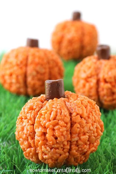 Fall is the perfect time to make pumpkin-shaped Rice Krispie Treats. These orange Rice Krispie Treat Pumpkins are easy to make and look great plain or decorated with vines and leaves or jack-o-lantern faces. #ricekrispietreats #pumpkins #halloween #halloweenrecipes Rice Krispie Treats Pumpkin Shape, Pumpkin Shaped Rice Crispy Treats, Pumpkin Shaped Rice Krispie Treats, Rice Crispy Pumpkins, Rice Krispie Turkey, October List, Pumpkin Rice Krispies, Fun Rice Krispie Treats, Orange Rice