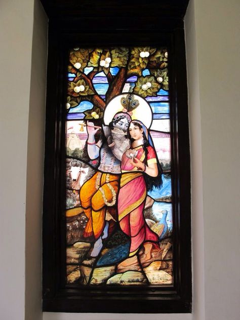 Whilst visiting a wonderful garden and summer house in the centre of Kathmandu, we stumbled across this stained glass window depicting Radha and Krishna. Simply beautiful! Krishna Glass Painting, Radha And Krishna, House Front Door Design, Indian Arts, Indian Arts And Crafts, Stained Glass Door, Glass Painting Designs, Glass Paintings, Sri Krishna