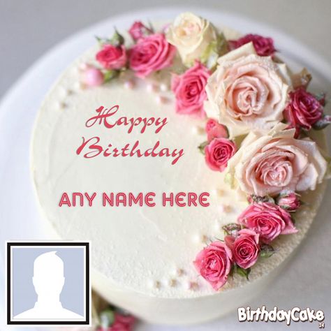 Beautiful Rose Birthday Cake With Photos And Names Birthday Wishes With Name Edit, Rose Birthday Cake, Name On Cake, Anniversary Cake With Photo, Write Name On Cake, Rosé Birthday Cake, Happy Birthday Flower Cake, Birthday Cake Write Name, Birthday Cake Writing