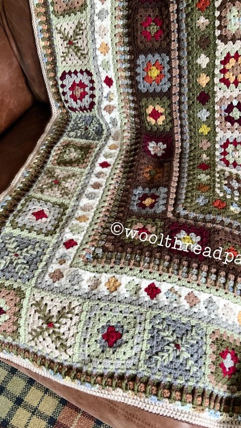 The Winter Walk Blanket - Wool Thread Paint Unique Granny Squares Crochet Blanket, Crocheted Patchwork Blanket, Crochet Blanket Patchwork Squares, Crochet Blanket Blocks, Cottage Core Crochet Blanket, Vintage Afghan Crochet Patterns, Patch Blanket Crochet, Winter Blanket Crochet, Crochet Blanket Patchwork