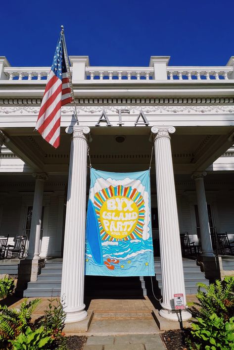 Beach Sorority Theme, Frat Banner Ideas, Tropical Bid Day Theme, Frat Sweetheart, Frat Painting, Frat Banner, Frat Party Themes, Floral Sorority Banner, Beach Bid Day Banner