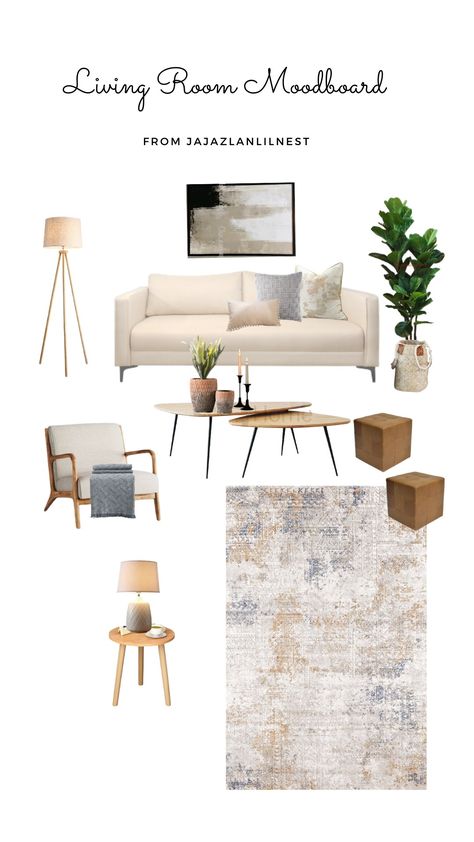 This is moodboard for living room. Trying to match the beige color furniture and overall look. So comfy and beautiful. All this item can be found in Shopee Malaysia. For link can visit my IG jajazlanlilnest Grey Beige And Tan Living Room, Beige Living Room Accent Colors, Beige Couch Color Palette, Mixing Sofa Styles In Living Room, Gray White Beige Living Room, Styling A Beige Couch, Mix Sofas Living Rooms, Beige Sofa Rug Ideas, How To Style A Beige Couch