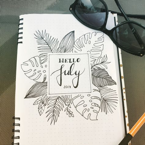 Bullet Journal Tropical Theme Leaves July Bullet Journal Leaves, July Bullet Journal, Bullet Journal Work, Bullet Journal Month, Bullet Journal 2020, Bujo Planner, Bullet Journal Cover Page, Creating A Bullet Journal, Bullet Journal Paper