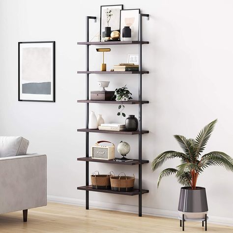 Color: Nutmeg/Matte Black, Pattern Name: Bookcase, Size: 6-Shelf James Theo, Tall Ladder, Wall Bookshelf, Nathan James, Tall Bookshelves, Industrial Bookcases, Wall Mounted Bookshelves, Ladder Bookshelf, Tall Bookcases