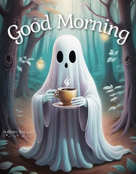 October Good Morning, Good Morning Halloween, Halloween Good Morning, Cute Halloween Pictures, Ghost Drinking Coffee, Halloween Morning, Facts About Halloween, October Morning, Good Morning Cat