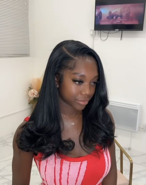 Sew In Hairstyles For Homecoming, Hairstyles For Hoco Black Hair, Silk Press Natural Hair Flipped Ends, Homecoming Hair For Black Women, 16 Inch Wig Styles, Wig Bumped Ends, Straight Wig With Bumped Ends, Graduation Sew In Hairstyles, Closure Weave Hairstyles