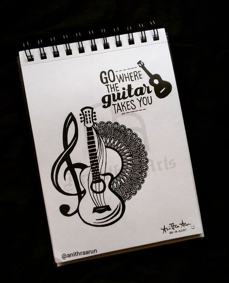 Mandala Art Of Guitar, Music Mandala Art With Quotes, Music Mandala Art Easy, Guitar Mandala Drawing, Mandala Art Music, Guitar Doodle Art, Guitar Drawing Art, Music Mandala Art, Doodle Art Music