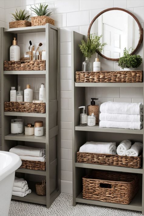 Discover unconventional storage solutions that will revolutionize your bathroom organization! These innovative ideas make use of often-overlooked spaces and create storage where you never thought possible. Perfect for maximizing every square inch! #StorageSolutions #SmallSpaces #BathroomHacks Bathroom Shelving And Storage, Bathroom Towel Storage Ideas Cabinets, Downstairs Toilet Storage Ideas, Clever Storage Ideas For Small Spaces Bathroom, Open Shelf Storage Bathroom, Small Full Bathroom Storage Ideas, Storage For Tiny Bathroom, Apartment Bathroom Storage Ideas, Open Shelf Bathroom Storage