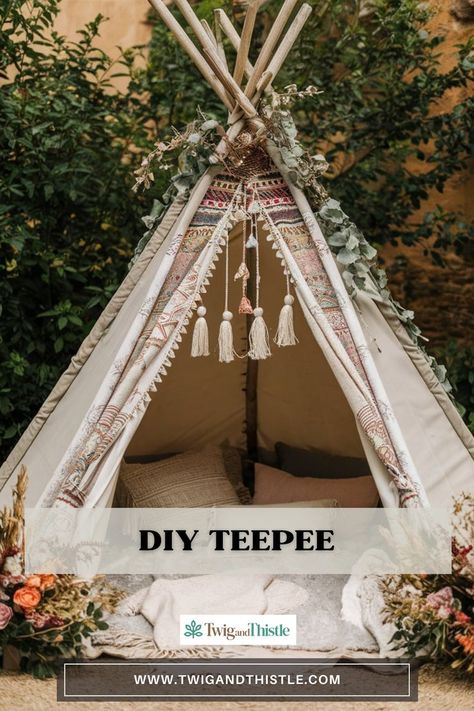 Create a relaxing outdoor retreat with these teepee tent ideas. Perfect for reading, meditating, or simply enjoying nature. #RelaxationTent #OutdoorTeepee #DIYOutdoor #NatureRetreat #GardenInspiration Diy Play Teepee Tent, Build A Teepee For Kids, Diy Large Teepee Tent, How To Build A Teepee Outdoors, How To Make A Teepee Tent, Teepee Tent Diy, Reading Teepee, Homemade Teepee, Build A Teepee