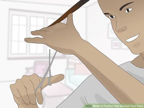 3 Ways to Feather Hair Around Your Face - wikiHow Feathered Layers Medium Hair, Feather Layer Haircut, Feather Haircut Medium, Short Feathered Haircuts, Feather Cut For Medium Hair, Feathered Hairstyles Medium, Feathered Layered Hairstyles, Feathery Bangs, Feathered Bob Hairstyles