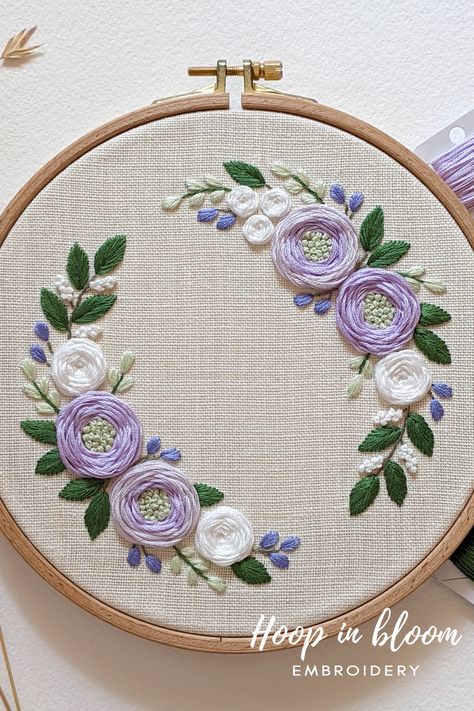 Lilac and white floral wreath embroidery PDF pattern. #floralwreath #wreathembroidery #modernembroidery #lilacembroidery Lavander Embroidery Patterns, Embroidery Lilac Flowers, Lilacs Embroidery, Lilac Embroidery Designs, Embroidery Lilac, Purple Flower Embroidery, Floral Wreath Embroidery, Cake Embroidery, Lilac Embroidery