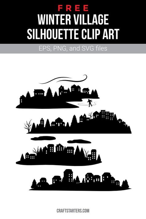 Village Silhouette, Village Illustration, Silhouette Template, City Silhouette, Silhouette Clip Art, Winter Village, Silhouette Stencil, Cricut Joy, Cricut Svg Files