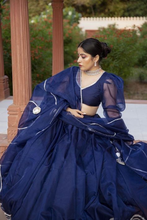 Navy Blue Lehenga Simple, Blue Organza Lehenga, Designer Lehangas, Navy Blue Lehenga, Simple Lehenga, Indian Outfits Lehenga, Blue Organza, Organza Lehenga, Lehenga Designs Simple