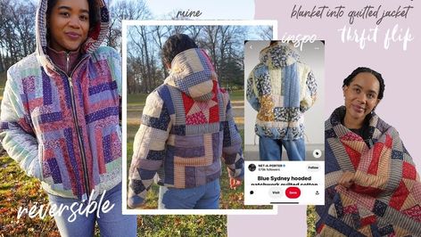 Quilted Jacket Upcycle, Diy Quilted Jacket, Quilted Blankets, Sewing Pattern Pieces, Quilt Coats, Wool Blanket Coat, Hood Pattern, Sewing Machine Thread, Jacket Pins