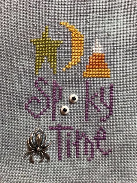 Lizzie*Kate - Spooky Time freebie | Stitched on 32ct Thunder… | Flickr Corn Cross Stitch, Sheep Cross Stitch, Lizzie Kate, Fall Cross Stitch, Halloween Cross Stitch Patterns, Cross Stitch Freebies, Feather Stitch, Cross Stitch Pillow, Cross Stitch Christmas Ornaments