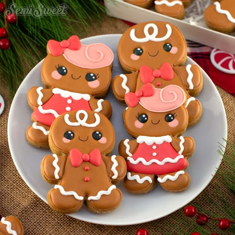 Gingerbread Girl Cookies Decorated, Gingerbread Gender Reveal Cookies, Gingerbread Man And Woman, Girl Gingerbread Cookies, Royal Icing Gingerbread House, Hanukkah Foods, Gingerbread Cookie Decorating, Valentine Gingerbread, Christmas Stocking Cookies