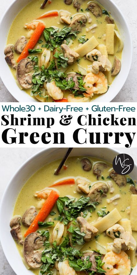 3 reviews · 50 minutes · Gluten free · Serves 8 · Ultimate Shrimp and Chicken Green Curry – the most delicious bowl of curry you will ever taste! (Whole30   Dairy-Free   Gluten-Free) This. Curry. Is. The. Best. It is just too good, you guys! This is… More Keto Green Curry, Healthy Green Curry Recipes, Shrimp Green Curry, Green Curry Shrimp, Green Curry Soup, January Whole30, Chicken Green Curry, Gluten Free Dairy Free Dinner, Gf Cooking