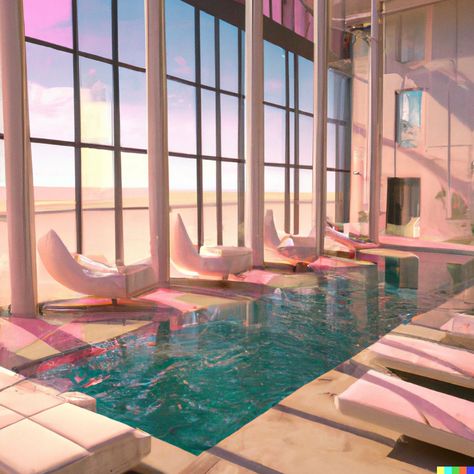 Levino × DALL·E | a sunlit indoor lounge area with a pool with clear water and another pool with translucent pastel pink water, next to a big window, digital art Pink Pool Aesthetic, Translucent Aesthetic, Swimming Pool Natural, Window Digital Art, Pink Pool Party, Pool Natural, Barbie Pool, Pink Pool, Swimming Outfits