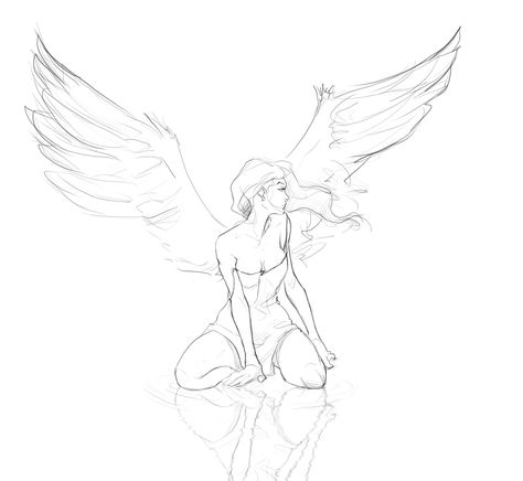 Falling Art Reference Poses, Angle Drawings Sketches, Flying Wings Drawing, Power Sketch, Worship Drawing Reference, Woman Kneeling Pose Reference Drawing, Angels Sketch, Waveloop Art, Sketching Poses